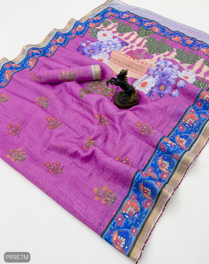 Linen Printed Saree with Floral & Heritage Prints and Contrast Border