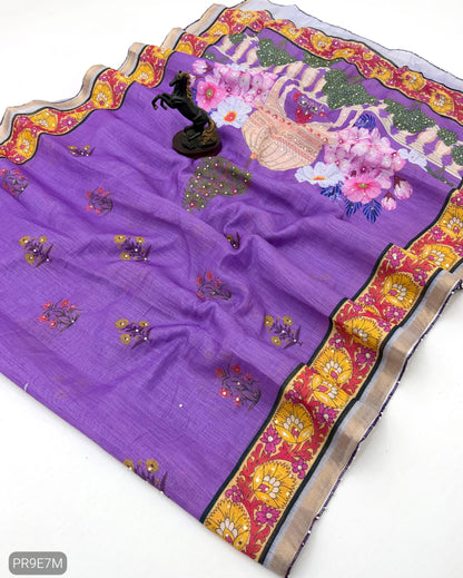 Linen Printed Saree with Floral & Heritage Prints and Contrast Border