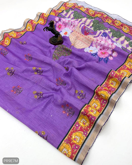 Linen Printed Saree with Floral & Heritage Prints and Contrast Border