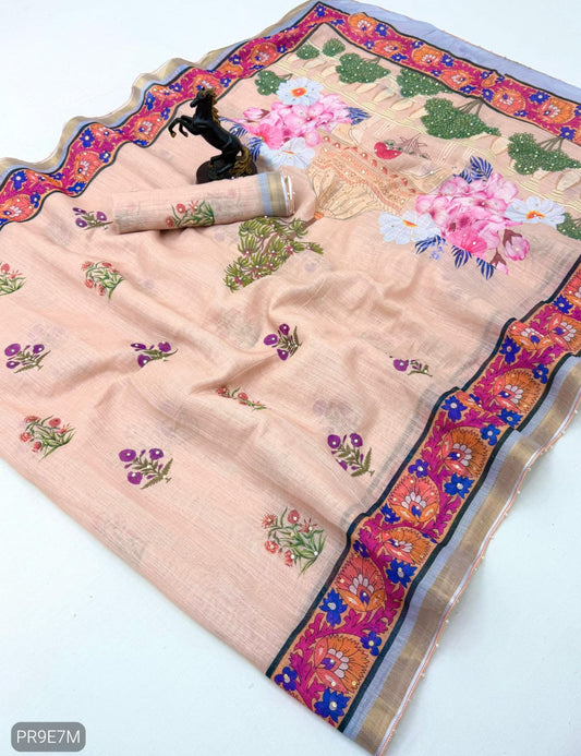 Linen Printed Saree with Floral & Heritage Prints and Contrast Border