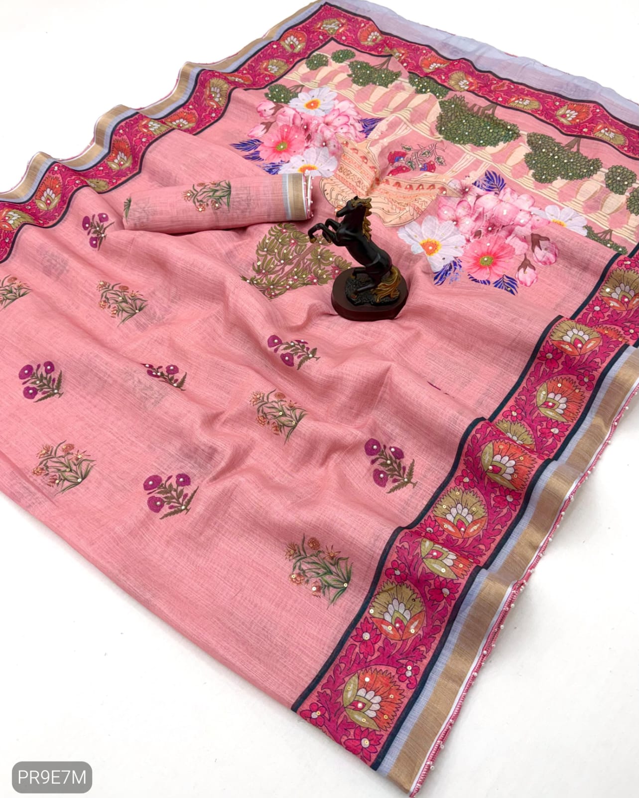 Linen Printed Saree with Floral & Heritage Prints and Contrast Border