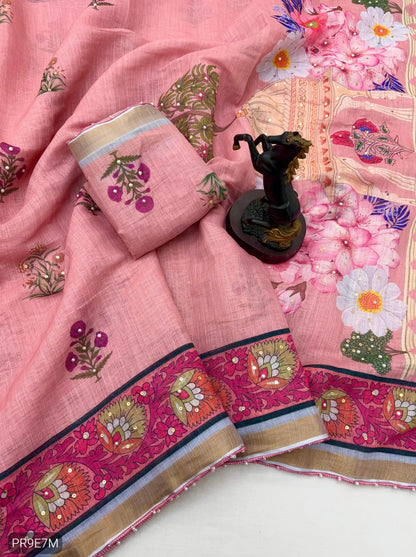 Linen Printed Saree with Floral & Heritage Prints and Contrast Border