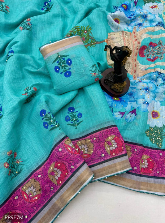 Linen Printed Saree with Floral & Heritage Prints and Contrast Border