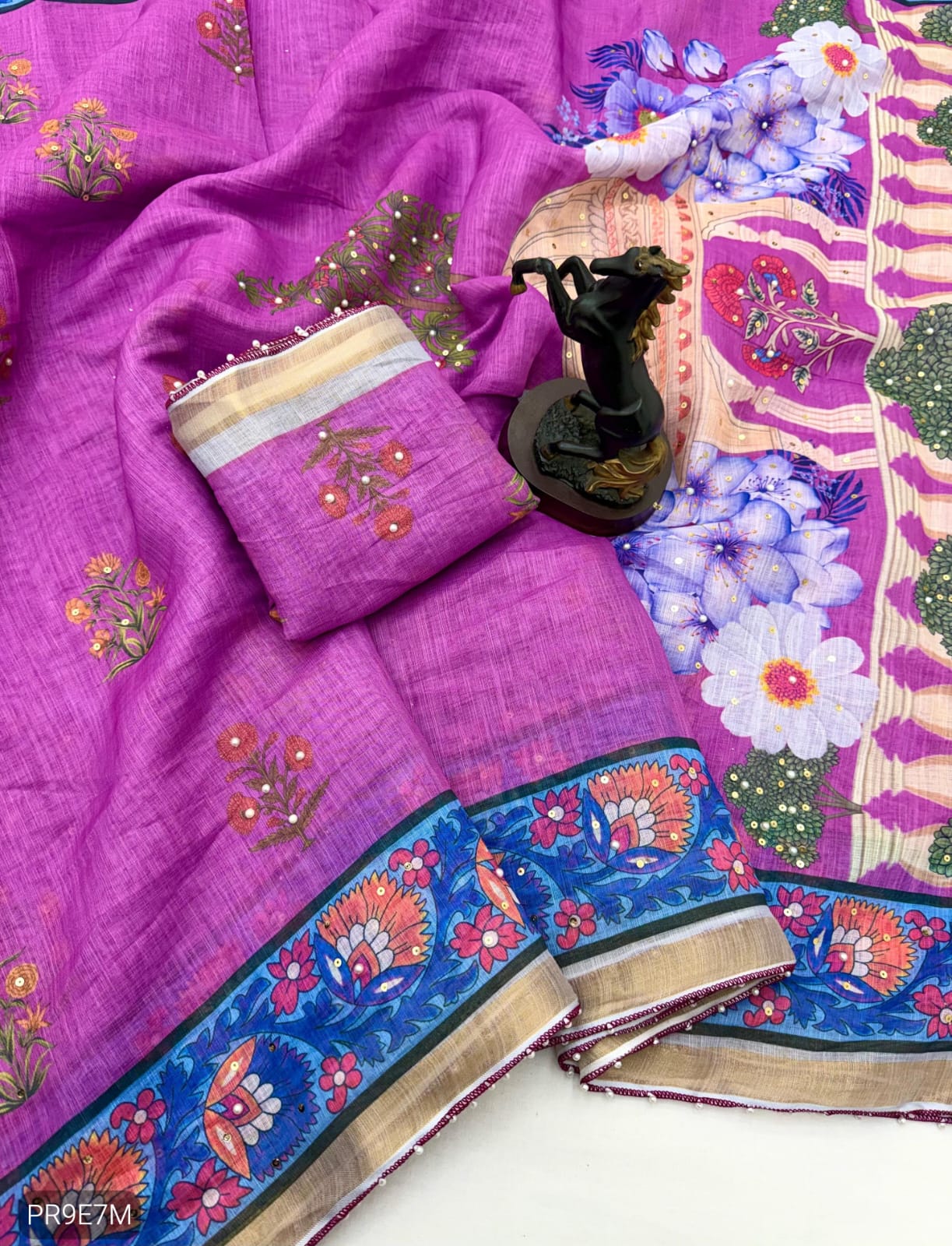 Linen Printed Saree with Floral & Heritage Prints and Contrast Border