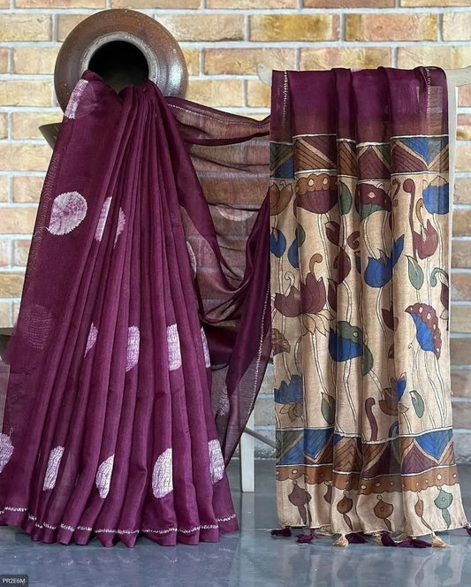 Linen Saree with Digital Print & Tassel Detailing
