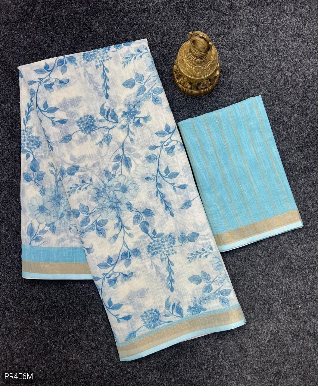 Linen Saree with Gold Jari Border & Digital Print