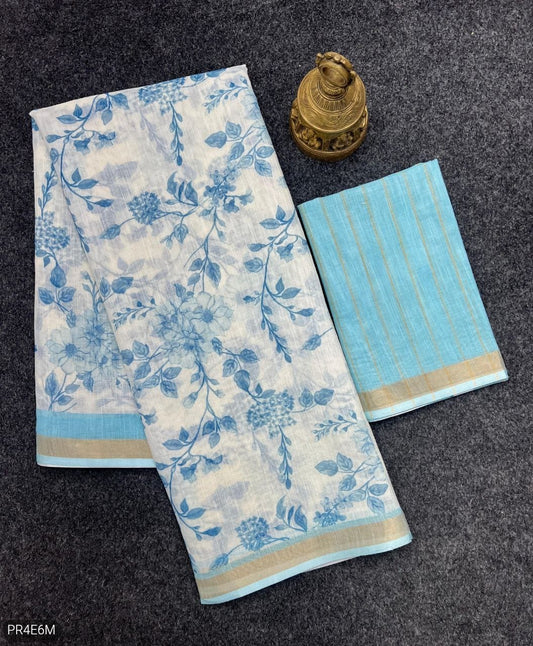 Linen Saree with Gold Jari Border & Digital Print