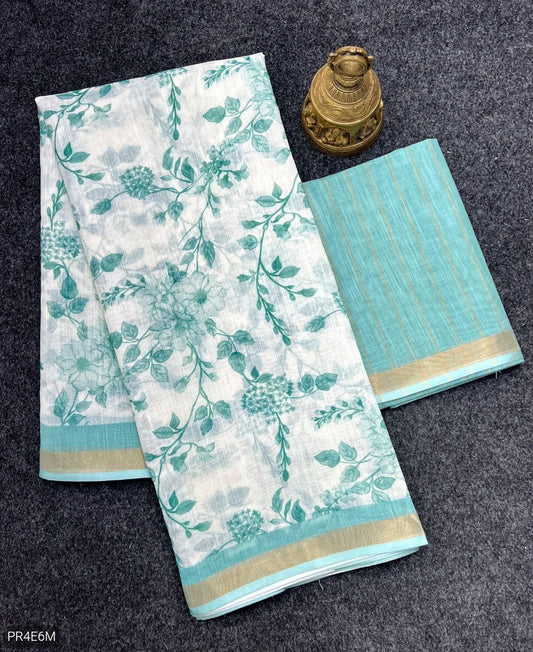 Linen Saree with Gold Jari Border & Digital Print