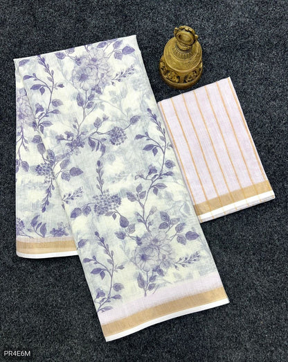 Linen Saree with Gold Jari Border & Digital Print
