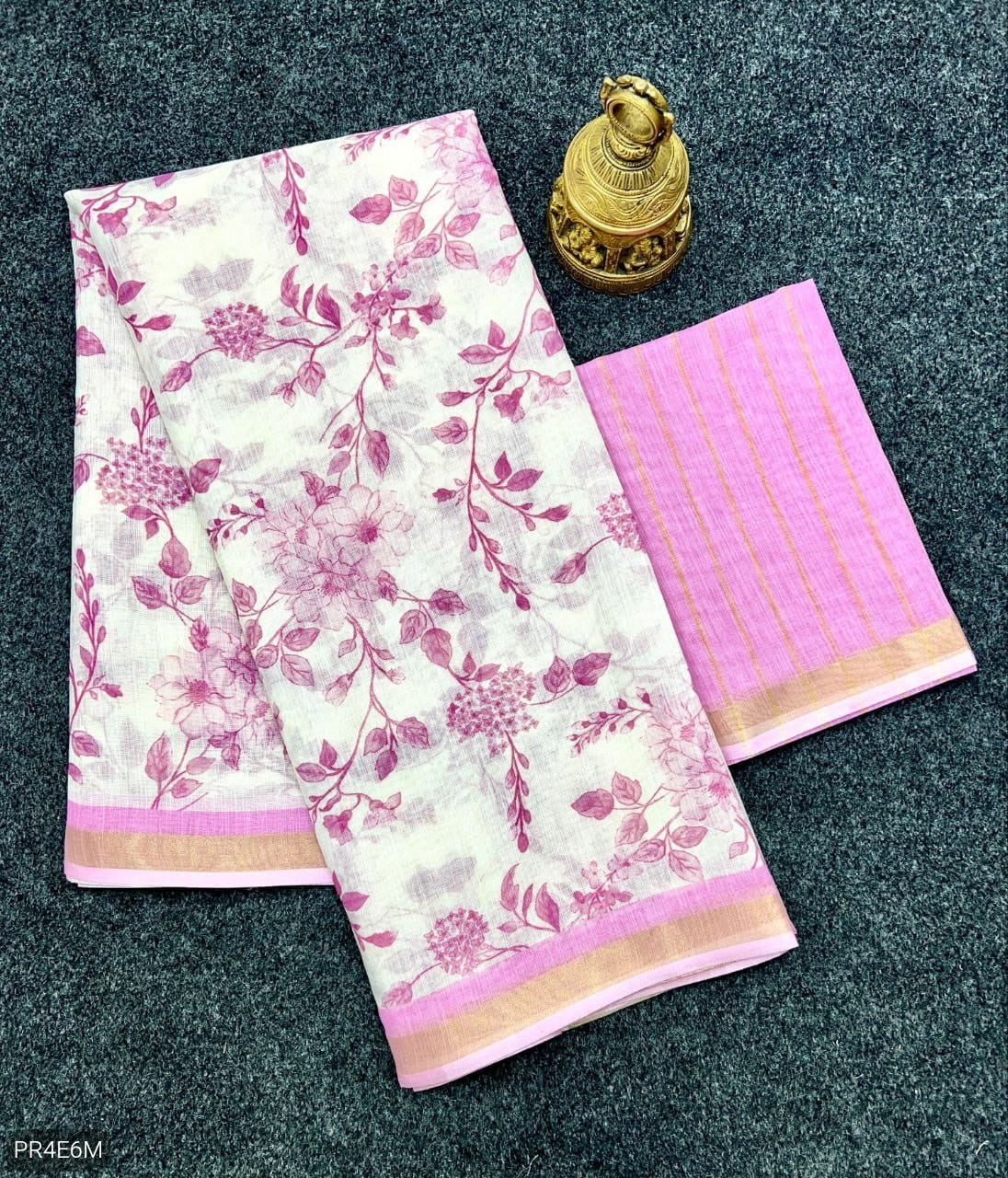 Linen Saree with Gold Jari Border & Digital Print