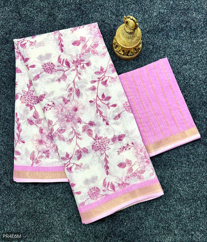 Linen Saree with Gold Jari Border & Digital Print