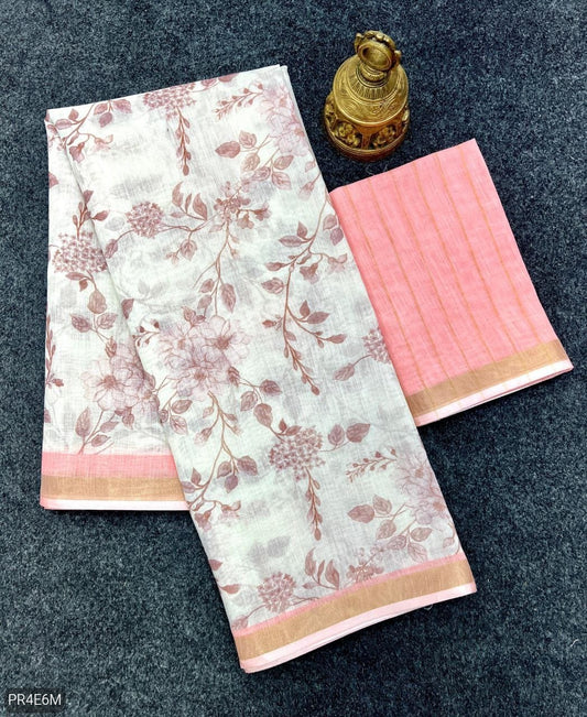 Linen Saree with Gold Jari Border & Digital Print