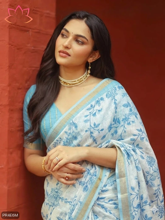 Linen Saree with Gold Jari Border & Digital Print