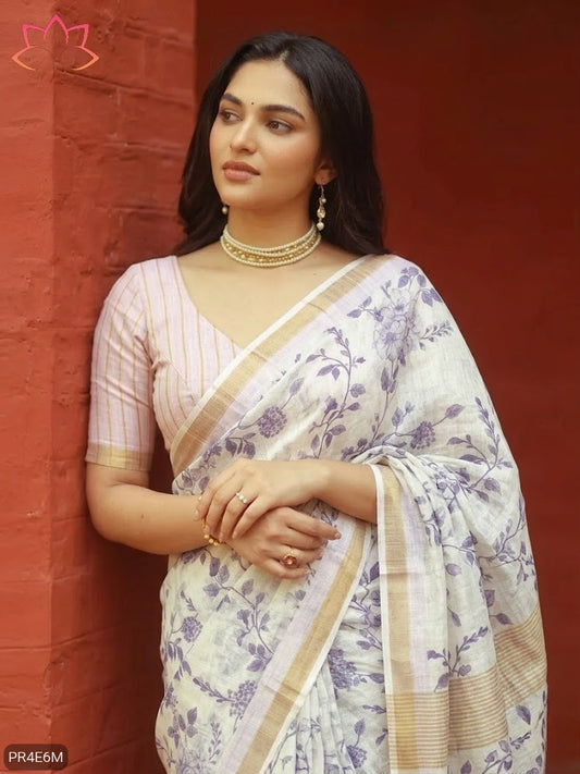 Linen Saree with Gold Jari Border & Digital Print