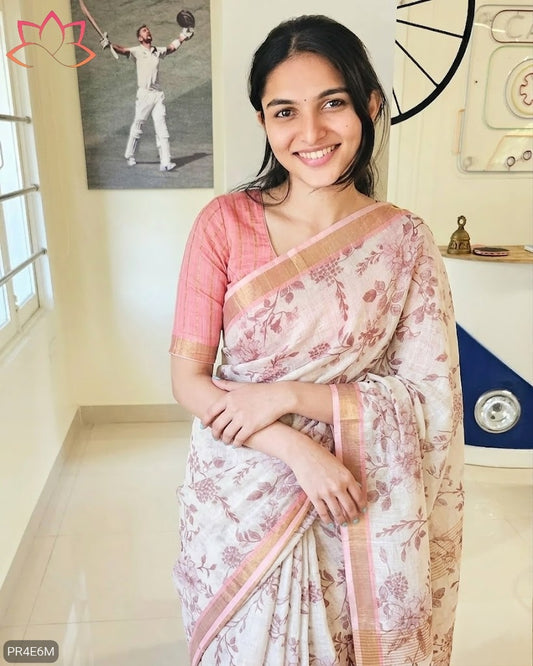 Linen Saree with Gold Jari Border & Digital Print