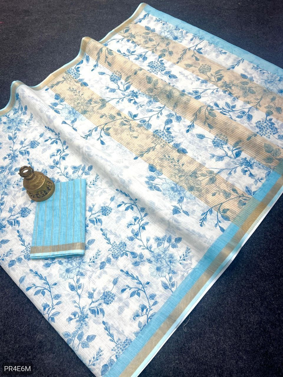 Linen Saree with Gold Jari Border & Digital Print