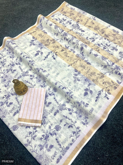 Linen Saree with Gold Jari Border & Digital Print