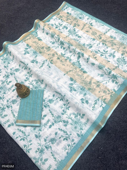 Linen Saree with Gold Jari Border & Digital Print