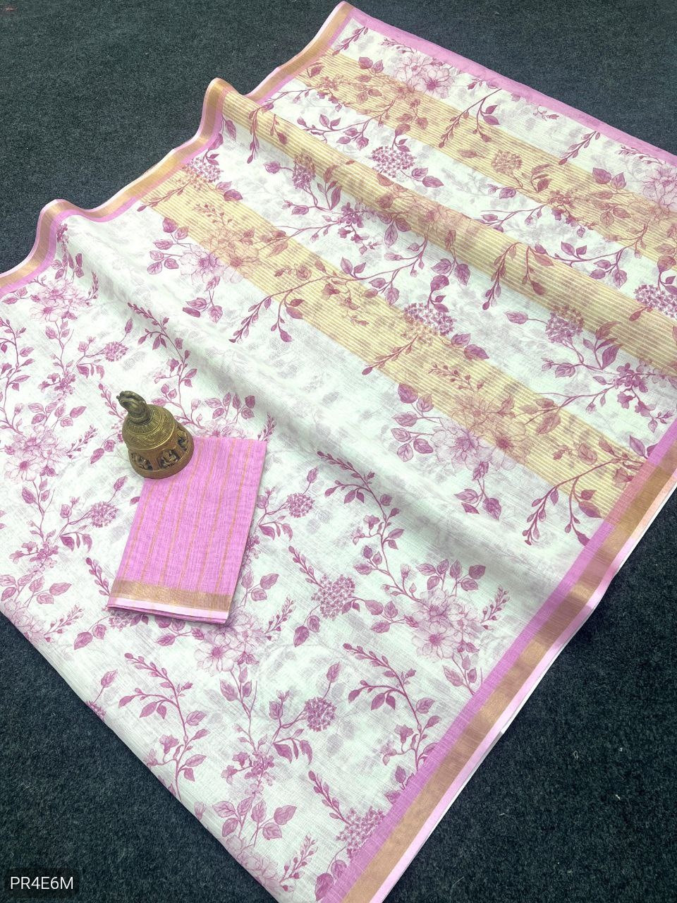 Linen Saree with Gold Jari Border & Digital Print