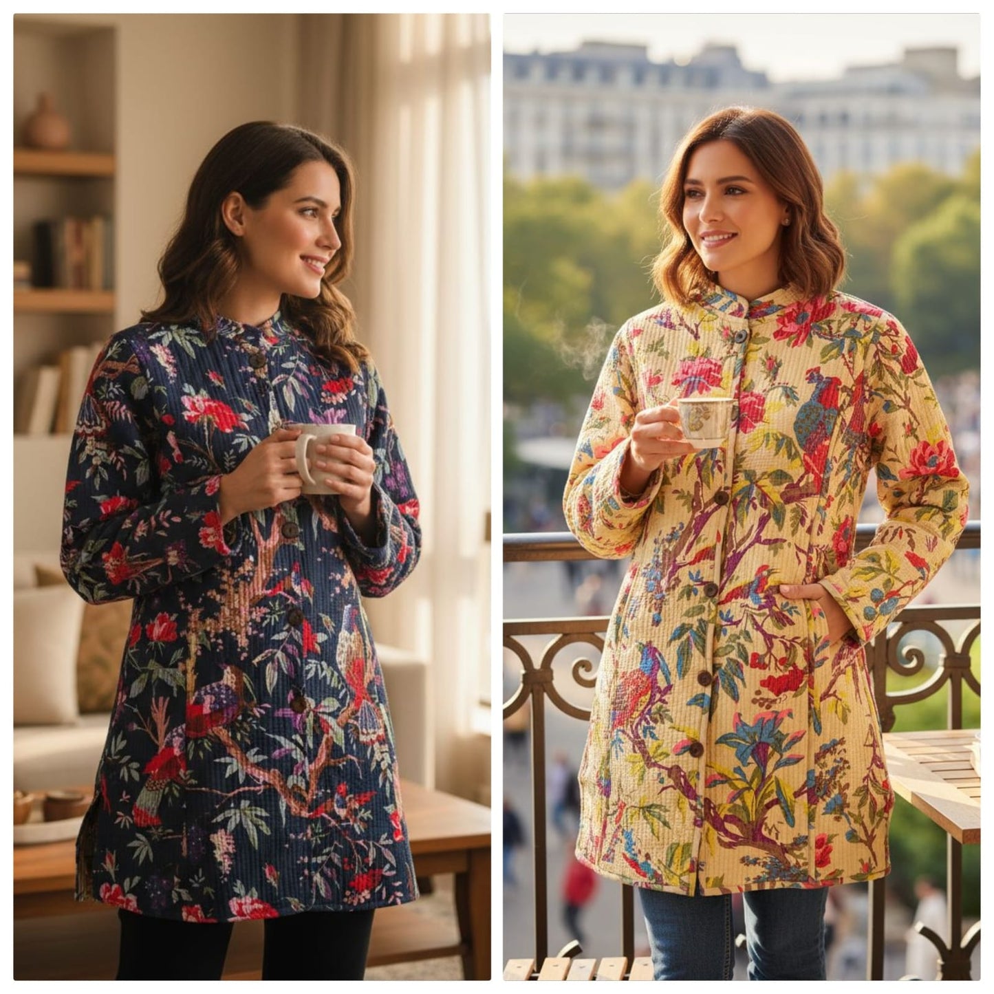 Long Reversible Quilted Cotton Coat with Pockets | 37 Inch Length