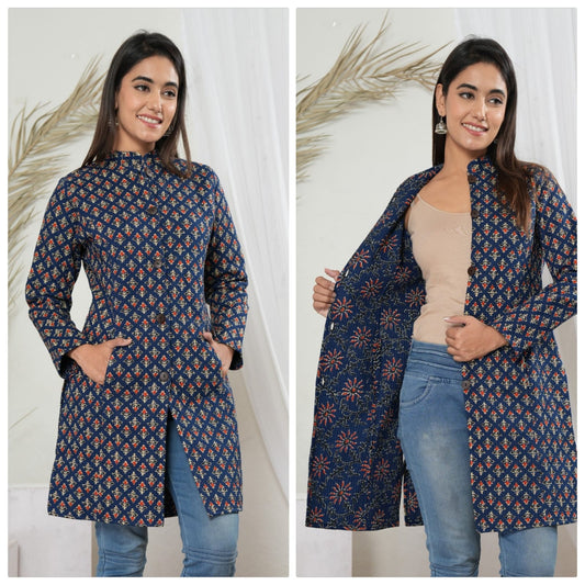 Long Reversible Quilted Cotton Coat with Pockets | 37 Inch Length