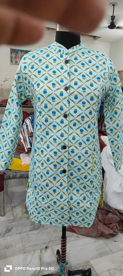 Long Reversible Quilted Cotton Coat with Pockets – 37 Inch