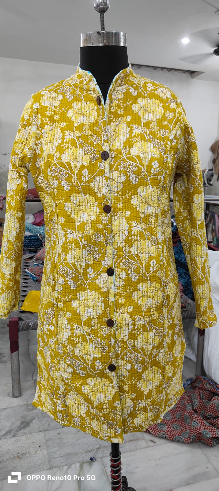 Long Reversible Quilted Cotton Coat with Pockets – 37 Inch