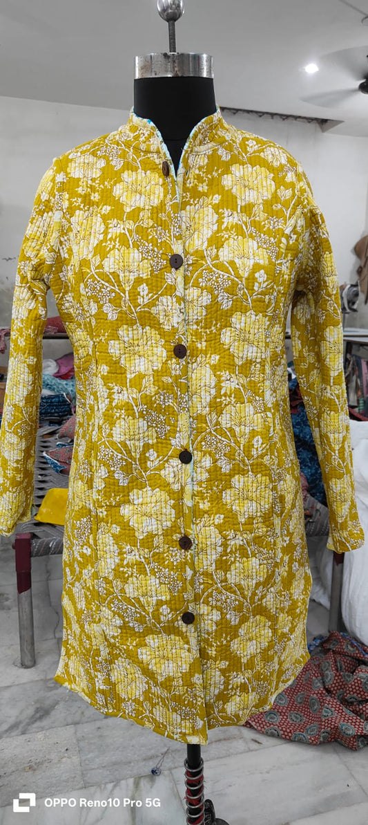 Long Reversible Quilted Cotton Coat with Pockets – 37 Inch