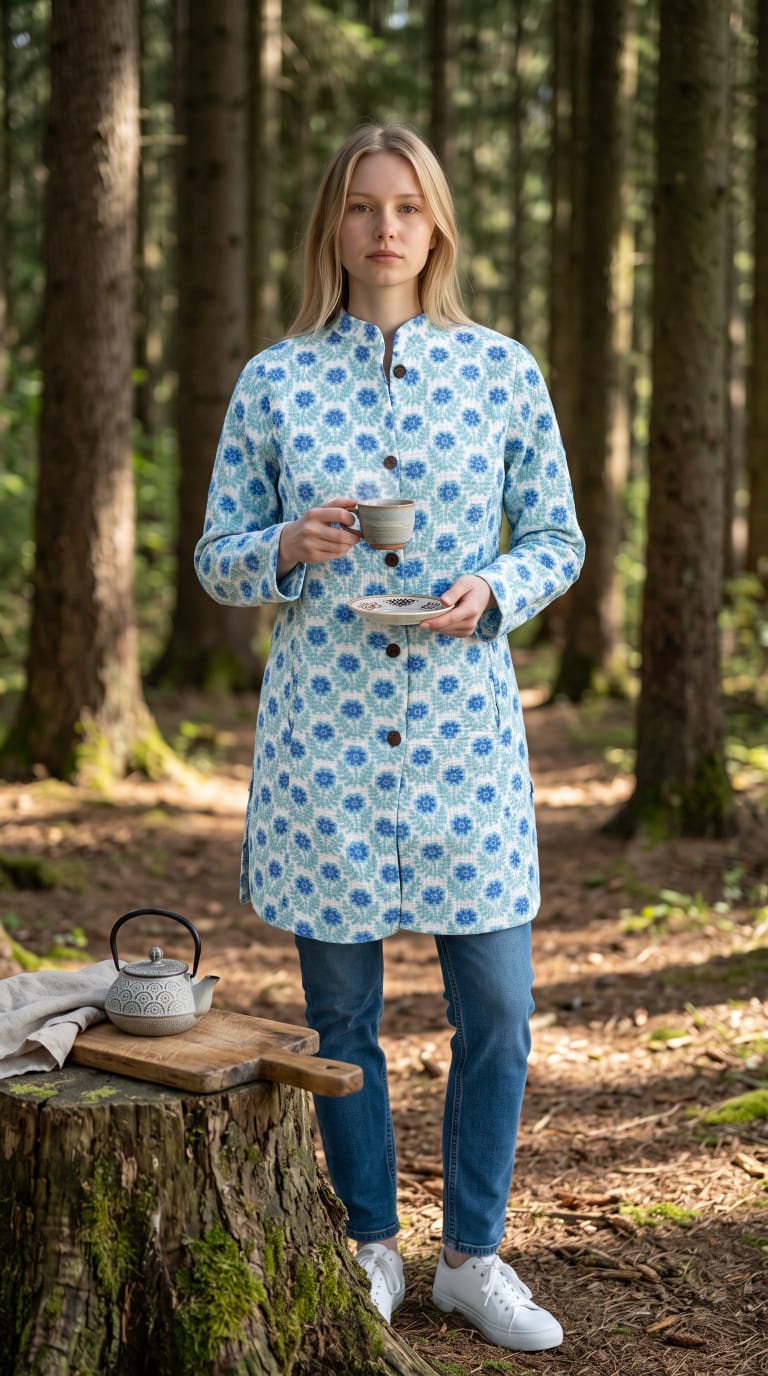 Long Reversible Quilted Cotton Coat with Pockets – 37 Inch