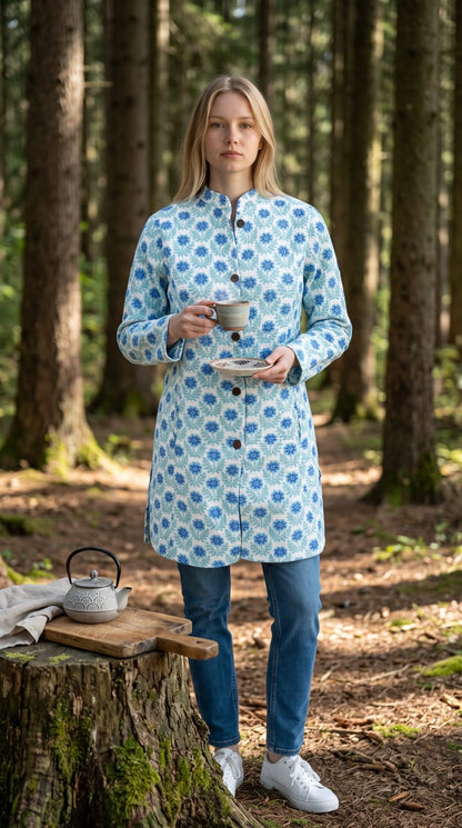 Long Reversible Quilted Cotton Coat with Pockets – 37 Inch