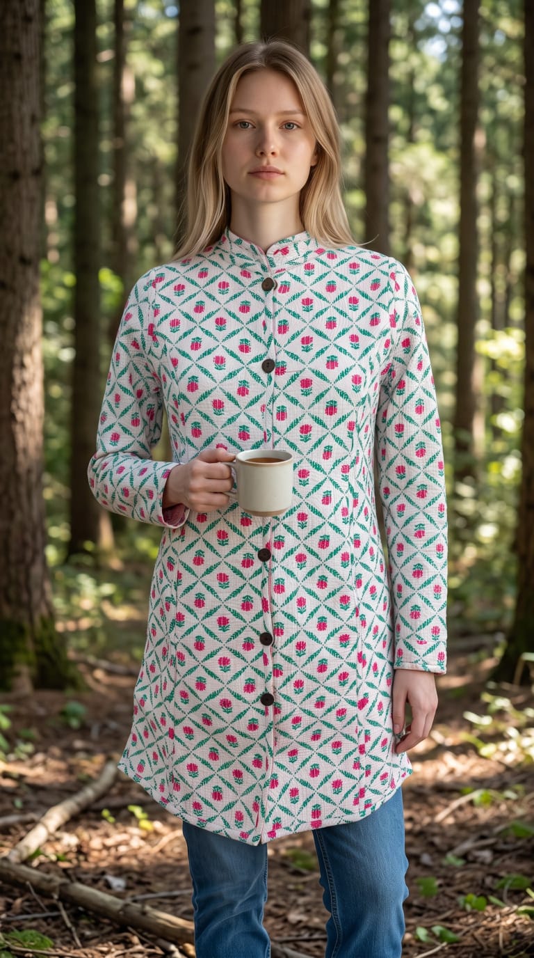 Long Reversible Quilted Cotton Coat with Pockets – 37 Inch