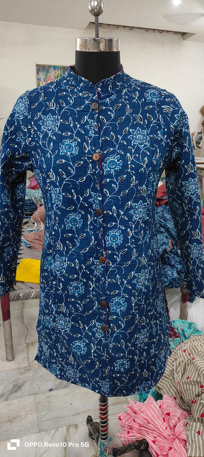 Long Reversible Quilted Cotton Coat with Pockets – 37 Inch