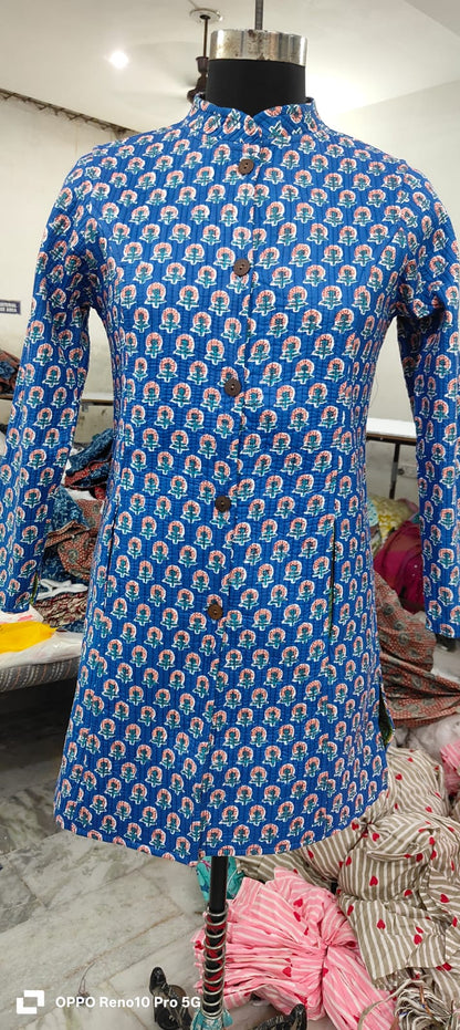 Long Reversible Quilted Cotton Coat with Pockets – 37 Inch