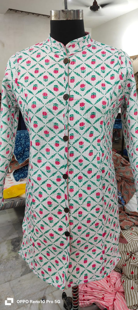 Long Reversible Quilted Cotton Coat with Pockets – 37 Inch