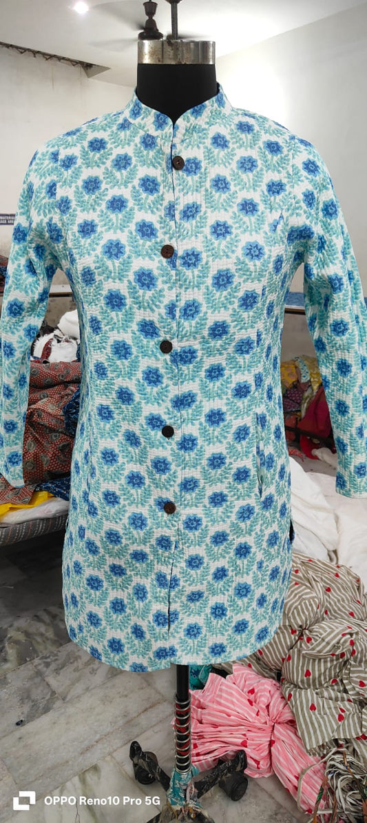 Long Reversible Quilted Cotton Coat with Pockets – 37 Inch