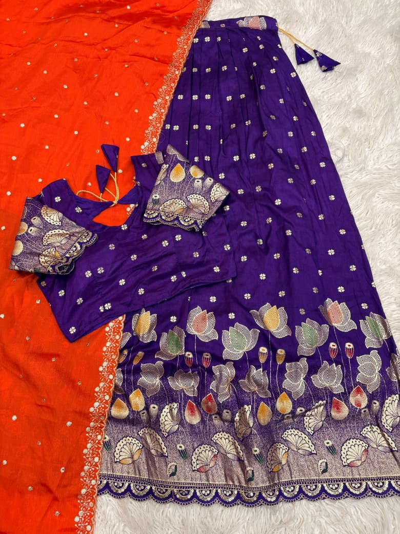 Lotus Stitched Half Saree Set with Jacquard Cutwork Border