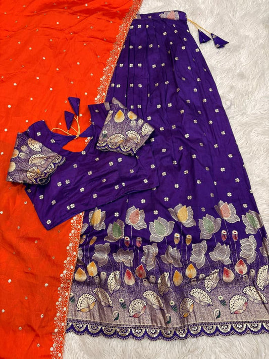 Lotus Stitched Half Saree Set with Jacquard Cutwork Border