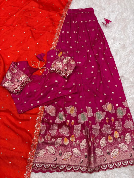 Lotus Stitched Half Saree Set with Jacquard Cutwork Border