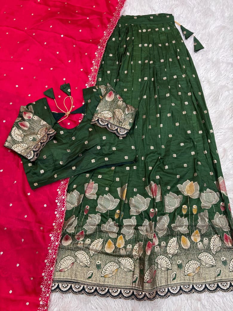 Lotus Stitched Half Saree Set with Jacquard Cutwork Border