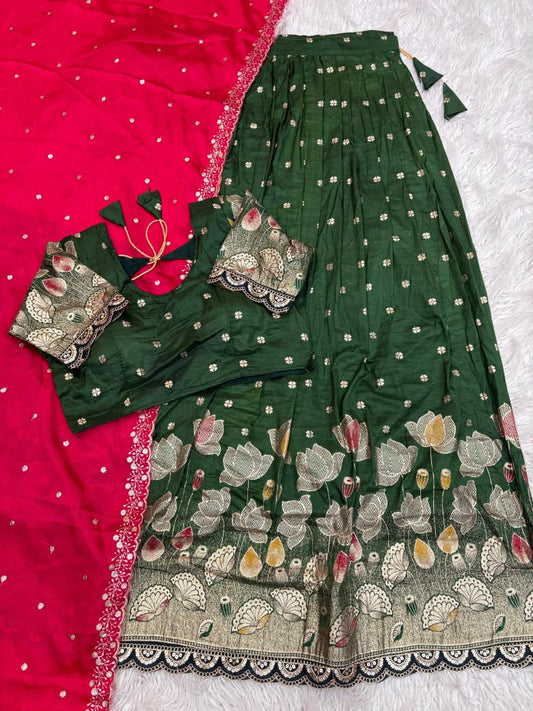 Lotus Stitched Half Saree Set with Jacquard Cutwork Border