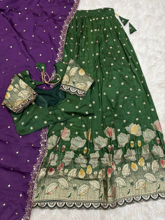 Lotus Stitched Half Saree Set with Jacquard Cutwork Border