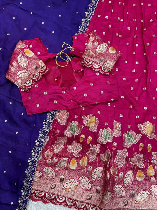 Lotus Stitched Half Saree Set with Jacquard Cutwork Border