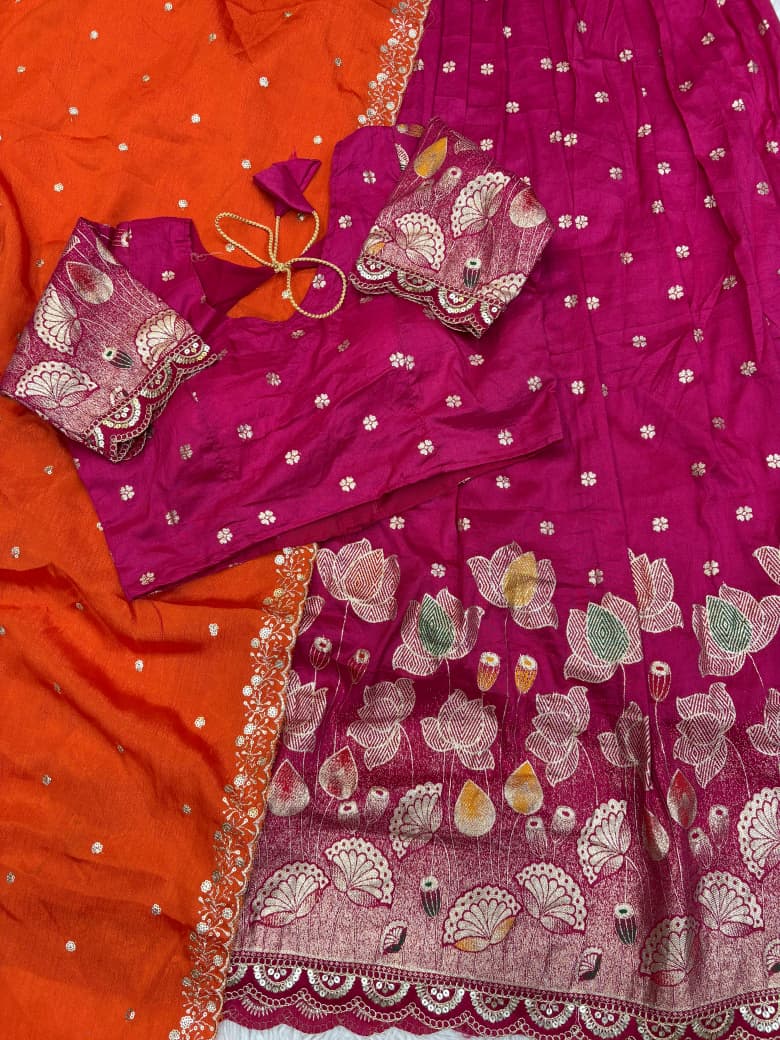 Lotus Stitched Half Saree Set with Jacquard Cutwork Border