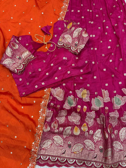 Lotus Stitched Half Saree Set with Jacquard Cutwork Border