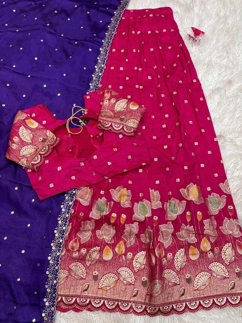 Lotus Stitched Half Saree Set with Jacquard Cutwork Border