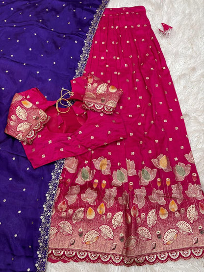 Lotus Stitched Half Saree Set with Jacquard Cutwork Border