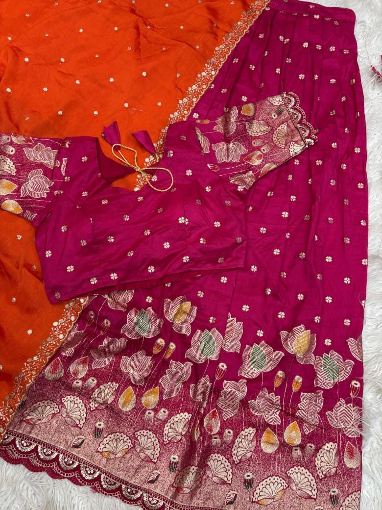 Lotus Stitched Half Saree Set with Jacquard Cutwork Border