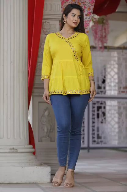 Yellow Rayon Top with Embroidery