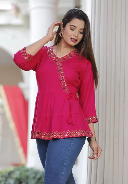 Pink Rayon Top with Embroidery Work - Length 30