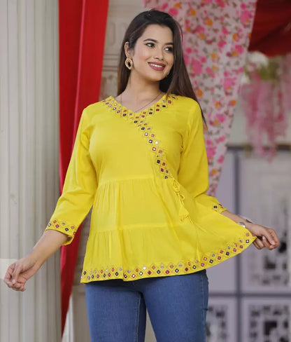 Yellow Rayon Top with Embroidery